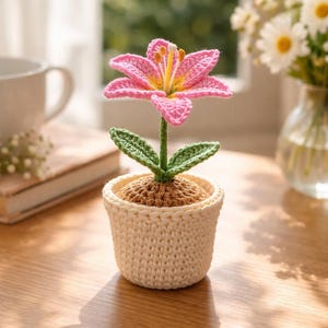 Puede incluir: Una flor de ganchillo hecha a mano en una maceta color crema. La flor rosa tiene detalles amarillos y naranjas, hojas verdes y una base marrón. La maceta está sobre una superficie de madera.