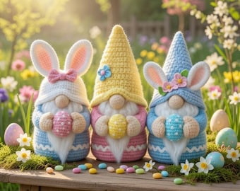 Pacchetto di 3 schemi all'uncinetto per gnomi pasquali: gnomo coniglietto, gnomo fiore, gnomi da giardino primaverili in formato PDF, coniglietto e uovo pasquali all'uncinetto, cifre amigurumi