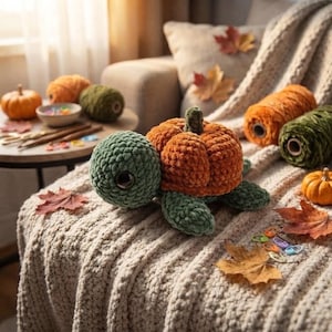 May include: A crocheted turtle plush toy featuring a dark green head and limbs with a textured orange pumpkin-shaped shell. The plush has large dark eyes and is positioned on a cream-colored knitted blanket alongside scattered autumn leaves.