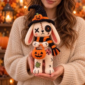 Halloween Witch Bunny Crochet Pattern PDF, Patchwork Rabbit Amigurumi with Pumpkin Basket