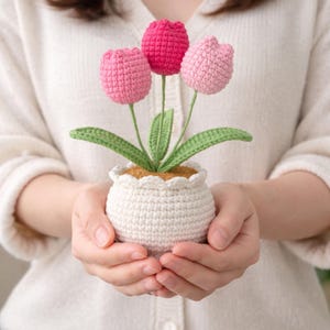 May include: A crocheted white pot with three colorful tulip flowers. The tulips are pink and red, with green stems and leaves. The pot is held in open hands.