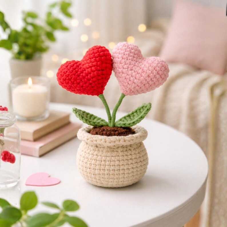 May include: A crocheted heart-shaped flower arrangement in a beige pot. The arrangement features a red and a pink heart, green stems and leaves, and brown soil. The pot is sitting on a white surface.