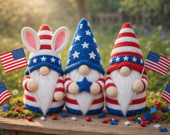 American Patriotic Gnomes Crochet Pattern Bundle of 3, 4th of July Gnome Amigurumi PDF, USA Flag Crochet Decor, Independence Day Gnome Patte