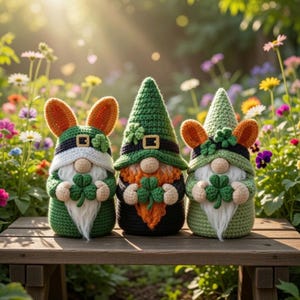 Könnte beinhalten: Drei gehäkelte Zwerge mit grünen Hüten und Bärten, die Kleeblätter halten. Ein Zwerg hat Hasenohren. Die Zwerge stehen auf einer Holzoberfläche, mit einem bunten Blumengarten im Hintergrund. Die Zwerge tragen grüne und weiße Outfits.