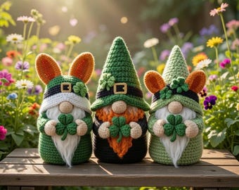St Patrick Gnome Crochet Pattern Bundle of 3, Irish Gnome Amigurumi PDF, Shamrock Gnome Set, St Patricks Day Crochet Decor, Lucky Gnome Patt