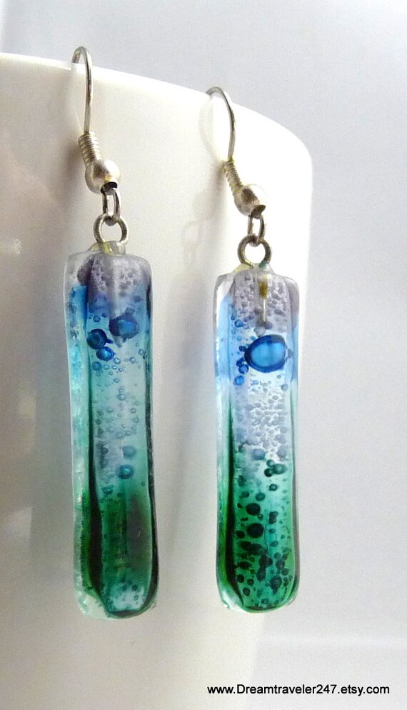 Items similar to SEA and SKY - Fused Glass Pierced Dangly Earrings on Etsy