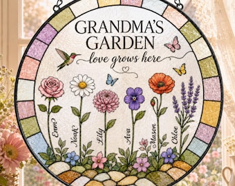 Custom Grandma’s Garden Suncatcher,Personalized Family Birth Flower Art Ornament for Nana,Stained Glass Decor Decor Gift From Grandkids