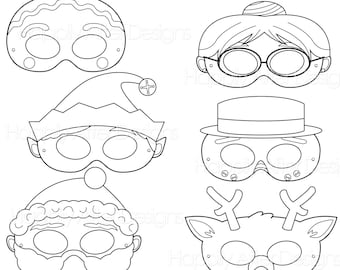 May include: Black and white printable Christmas party masks. The masks include a snowman, elf, reindeer, Santa, and a person wearing glasses. The masks are designed to be cut out and worn.