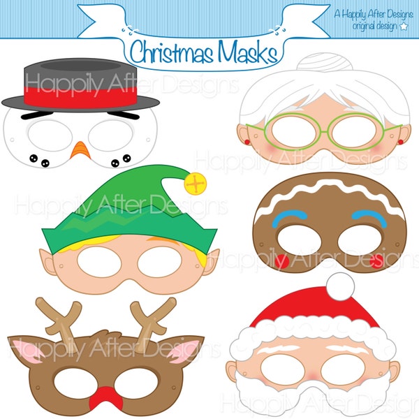 Christmas Printable Masks, santa mask, snowman mask, rudolph, gingerbread, elf, costume mask, mrs claus, mask costume, printable mask, xmas