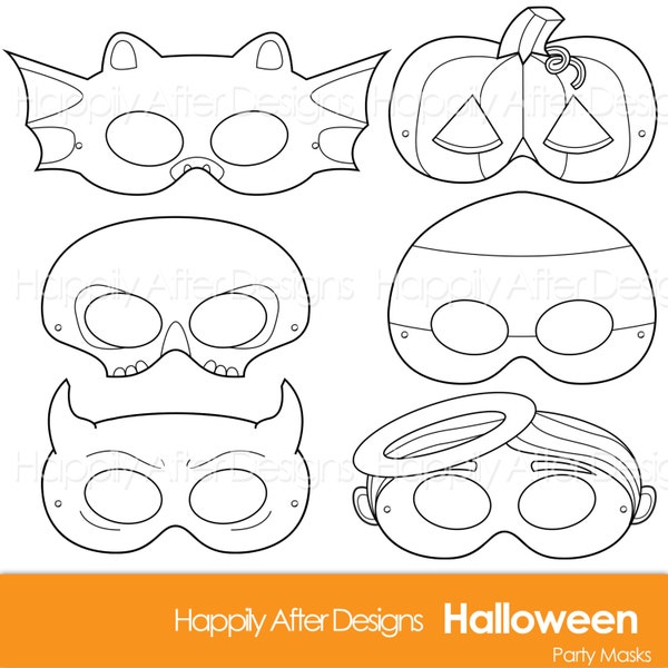 Masques de coloriage imprimables d'Halloween, costume d'halloween, halloween imprimable, masque de chauve-souris, bonbons au maïs, ange, squelette, diable, jackolantern, mignon