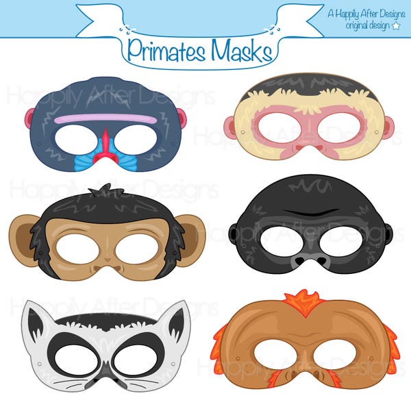 Masques imprimables primates, masque de singe, masque de singe, masque de gorille, masque de chimpanzé, masque de lémurien, masque de capucin, masque de babouin, masque d'orang-outan