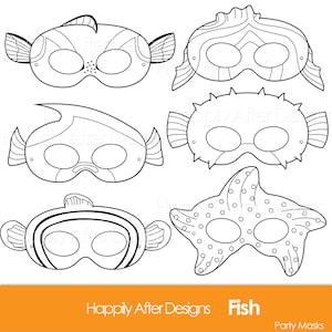 Fish Printable Coloring Masks, clownfish mask, blue tang, starfish, pufferfish, fish party, moorish idol, fish costume masks, coloring page