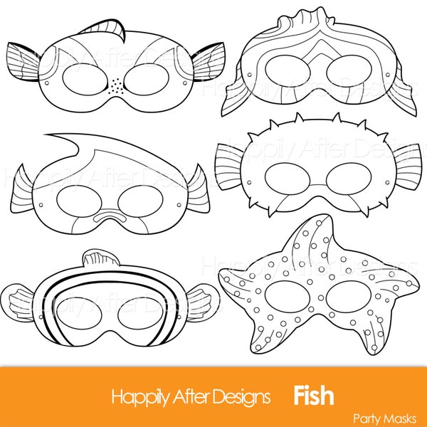 Fish Printable Coloring Masks, clownfish mask, blue tang, starfish, pufferfish, fish party, moorish idol, fish costume masks, coloring page