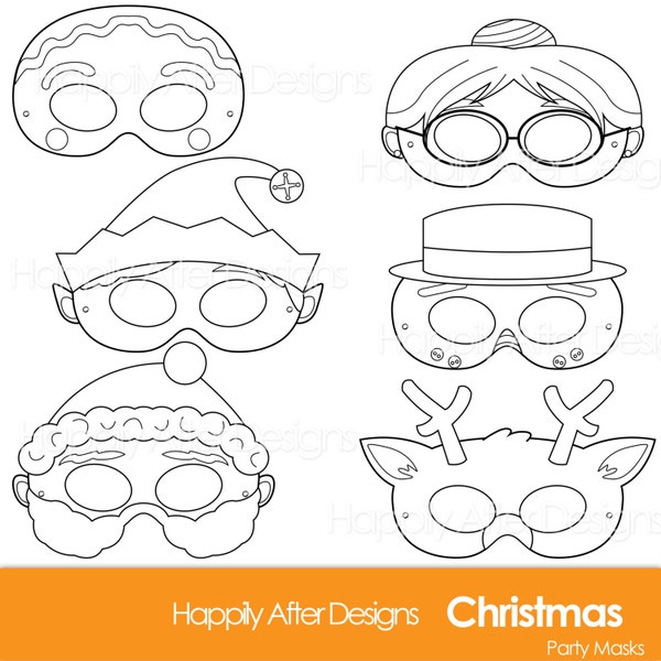 Masques de coloriage imprimables de Noël, masque de père Noël, masque de bonhomme de neige, masque d'elfe, rudolph, renne, masque de pain d'épice, masque de Noël, vacances, couleur de bricolage