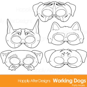 Working Dog Breed Printable Coloring Masks, boxer mask, great dane mask, husky mask, rottweiler mask, schnauzer mask, dog mask, puppy mask