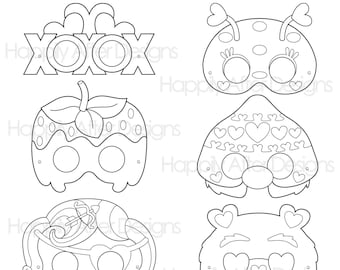 Valentine's Printable Coloring Masks - Valentine Printables - Bear Mask - Bug Mask - Cupid Costume - Strawberry Mask - Coloring Page