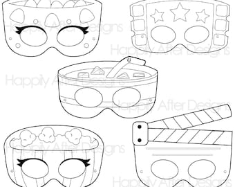 Movie Time Printable Coloring Masks, popcorn mask, soda masks, clapperboard, movie costume, movie masks, candy mask, candy costume, theater