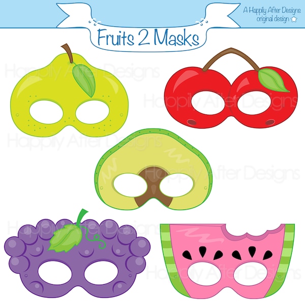 Fruits 2 Printable Masks, avocado mask, cherry mask, grapes, pear, watermelon, fruit costume mask, fruits, food costume mask, printable mask