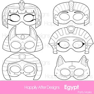 Egyptian Printable Coloring Masks, cleopatra mask, anubis mask, ra mask, pharaoh mask, sphinx mask, egypt mask, cat mask, egyptian, gods