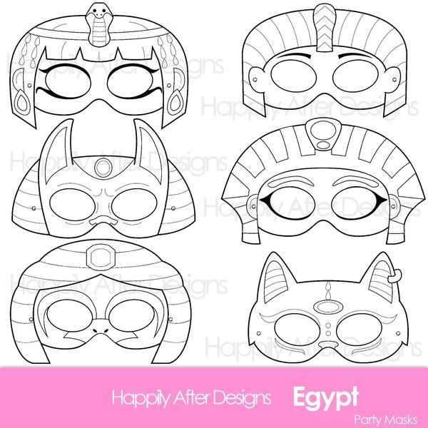 Egyptian Printable Coloring Masks, cleopatra mask, anubis mask, ra mask, pharaoh mask, sphinx mask, egypt mask, cat mask, egyptian, gods