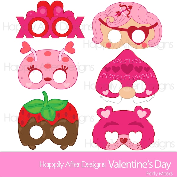 Máscaras Imprimibles de San Valentín - Máscara de Insecto - Máscara de Oso - Máscara de Gnomo - Disfraz de Cupido - Máscara de Fresa - Imprimibles para Fiesta de San Valentín
