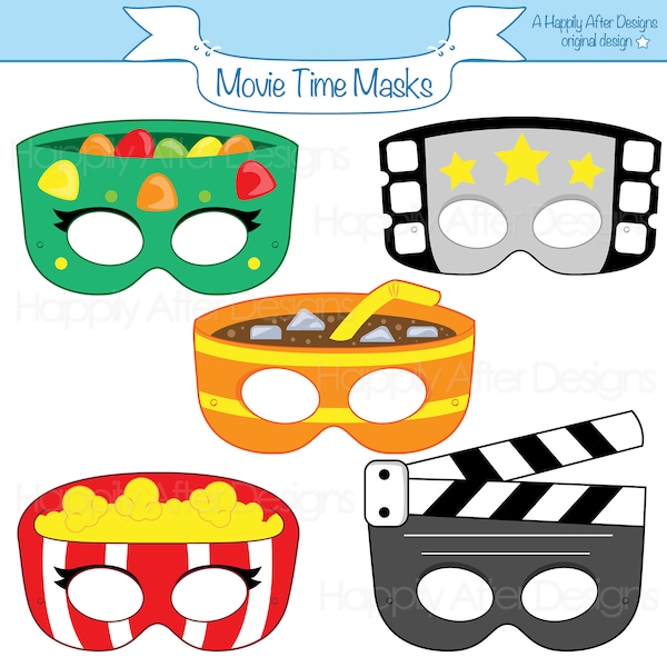 Movie Time Printable Masks, popcorn mask, candy mask, soda, movie, theater, costume mask, dessert, soda costume, printable mask, film, show