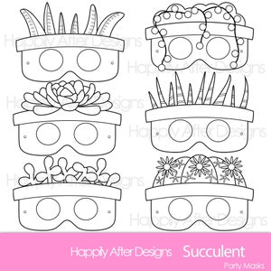 Op de afbeelding: Zwart-witte printbare feestmaskers met verschillende vetplanten in potten. De maskers zijn ontworpen om uit te knippen en te dragen. De tekst "Happily After Designs Succulent Party Masks" staat onderaan de afbeelding.