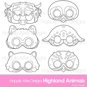 Highland Animals Printable Coloring Masks - Highland Cow - Puffin - Whale - Squirrel - Pine Marten - Eagle - Coloring Page - Costume Masks