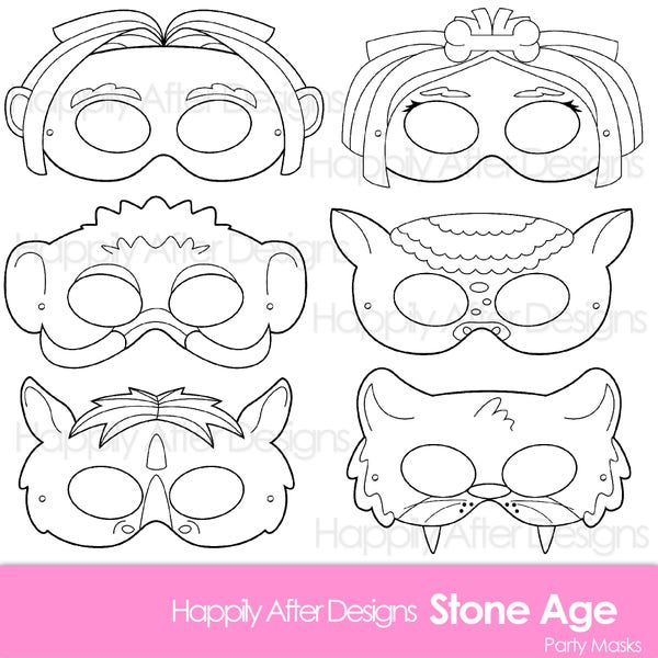Stone Age Printable Coloring Masks, caveman mask, cavewoman mask, printable masks, mammoth mask, rhino mask, ice age mask, prehistoric