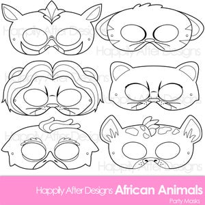 African Animals Printable Coloring Masks, lion mask, hyena mask, warthog mask, meerkat mask, hornbill mask, lioness mask, animal mask, cat