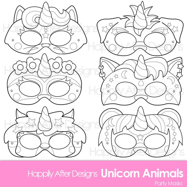 Unicorn Animals Printable Coloring Masks, unicorn mask, cat mask, dog mask, unicorn costume, fox mask, bear mask, sloth, llapa, coloring