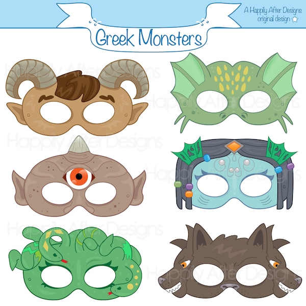 Greek Monsters Printable Masks, medusa mask, siren mask, cyclops, satyr, cerberus, monster mask, mythology, hydra, dragon, printable mask