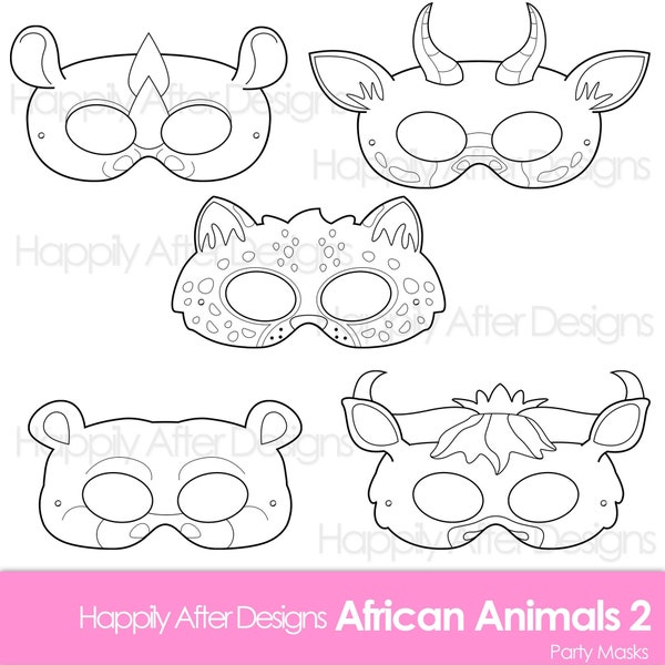 Animaux africains 2 masques à colorier imprimables, masque bongo, masque de guépard, masque d'hippopotame, masque de rhinocéros, masque de gnou, masque africain, masques d'animaux