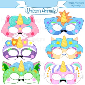 Puede incluir: Conjunto de seis máscaras de animales de unicornio imprimibles. Las máscaras presentan una variedad de animales, incluyendo un gato, un perro, un mapache, un zorro y otros dos animales. Cada máscara tiene un cuerno de unicornio y detalles coloridos.