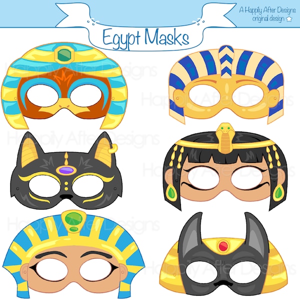 Egyptian Printable Masks, egypt mask, cleopatra mask, anubis mask, cat mask, ra mask, pharaoh mask, sphinx mask, gods, cleo, printable mask
