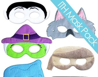 Halloween Mask Embroidery Design Pack, monster mask, ghost, machine embroidery, ITH mask, in the hoop mask, embroidered mask, 5x7, 6x10