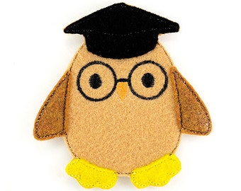 School Grad Owl Feltie Embroidery Design, owl feltie, machine embroidery, ITH, in the hoop, 4x4, owl embroidery, teacher feltie, school, owl