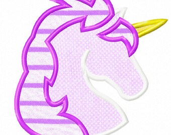 May include: Purple and white striped unicorn head embroidery design. The unicorn has a gold horn and a white face.