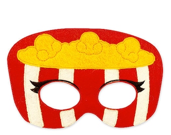 Popcorn Mask Embroidery Design, movie mask, machine embroidery, ITH mask, in the hoop mask, embroidery mask, 5x7, 6x10, food, movie night