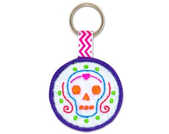 Day of the Dead Skull Keychain Embroidery Design, Halloween, skull, keychain embroidery, machine embroidery, ITH, in the hoop, day of dead
