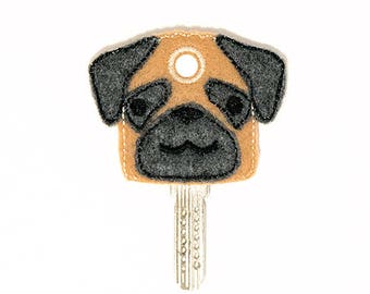 Pug Key Cover Embroidery Design, dog, dog key cover, key cover embroidery, machine embroidery, ITH, in the hoop, 4x4, key cozy, pug design