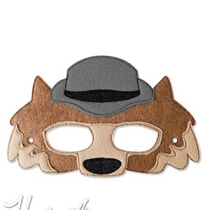 May include: A brown felt wolf mask with a gray felt fedora hat. The mask has eye holes and a black felt nose.