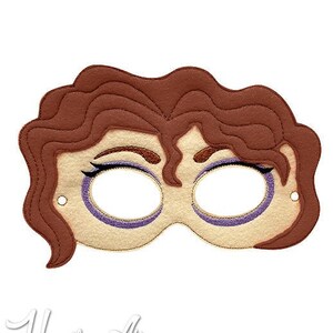 May include: A brown felt mask with a female face, brown hair, and purple eye shadow. The mask has two eye holes and is designed for a child.