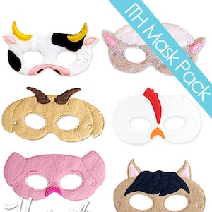 Barnyard Animals Mask Embroidery Design Pack, cow, pig, horse, machine embroidery, ITH mask, in the hoop mask, embroidered mask, 5x7, 6x10