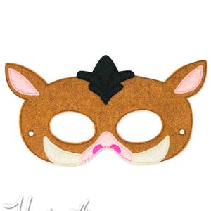 May include: A brown felt mask with pink ears and a black felt snout. The mask has two eye holes and a white felt tusk on each side.
