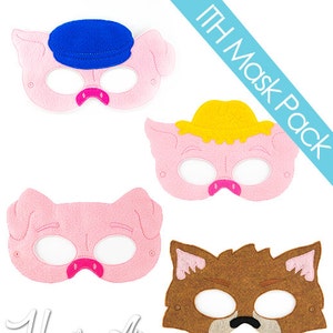 May include: A set of four felt masks: three pink pig masks with different hats and a brown wolf mask. The pig masks have pink noses and eye holes. The wolf mask has a black nose and eye holes. Text on the image reads "ITH Mask Pack" and "Happily After Designs".