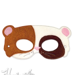May include: A brown and white felt mask with pink ears and a black nose. The mask is designed to look like a hamster.