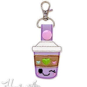 Kawaii Coffee Tab Keychain Embroidery Design, coffee tab, kawaii, keychain embroidery, latte machine embroidery, ITH, in the hoop, coffee