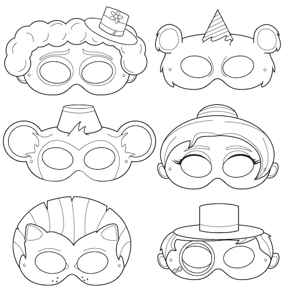 Circus Printable Coloring Masks, clown mask, bear mask, monkey, ringmaster costume, circus costume, carnival, lion mask, clowns, trapeze