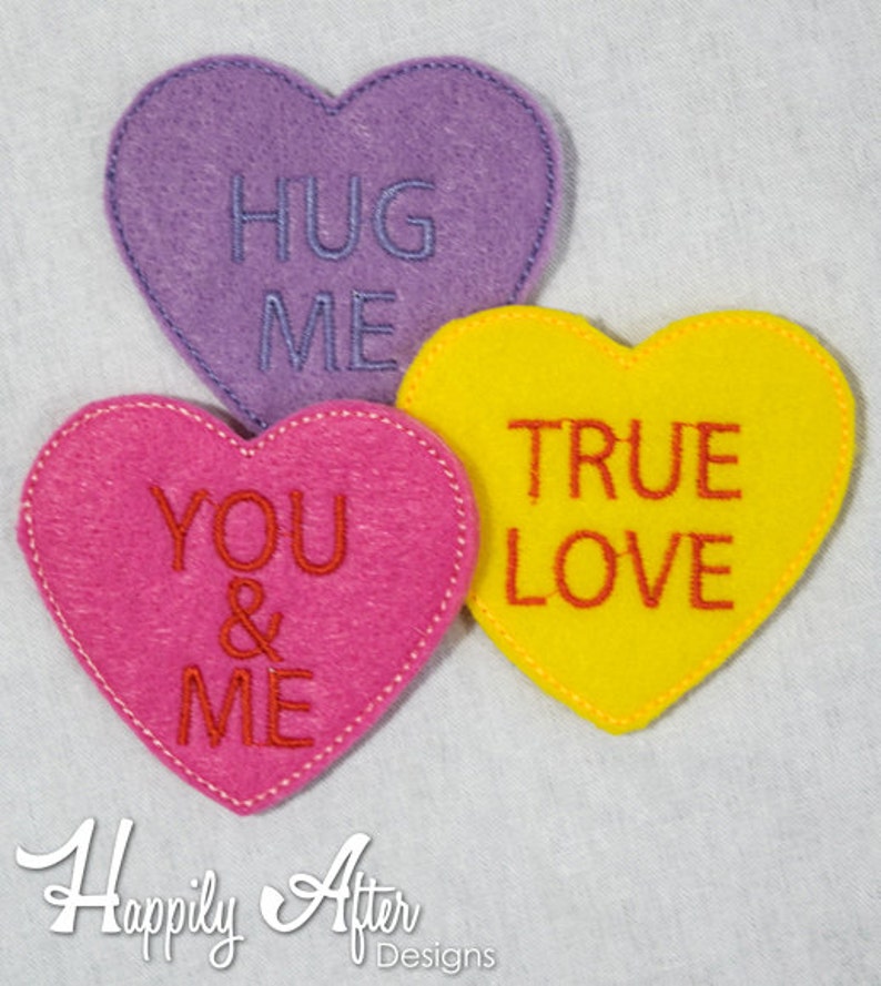 Candy Hearts Feltie Embroidery Designs, valentines feltie, heart feltie, valentine, machine embroidery, ITH, in the hoop, 4x4, candy heart image 1